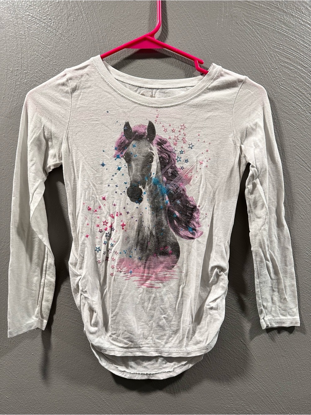 Hanes White Long-Sleeve Tee with Pink & Blue Horse Graphic